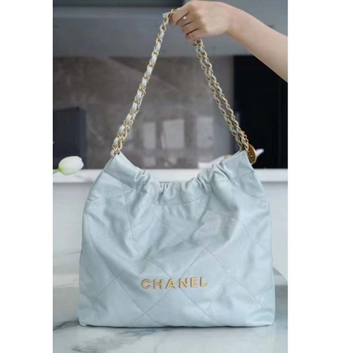 Chanel Women CC 22 Handbag Shiny Calfskin & Gold-Tone Metal Light Blue