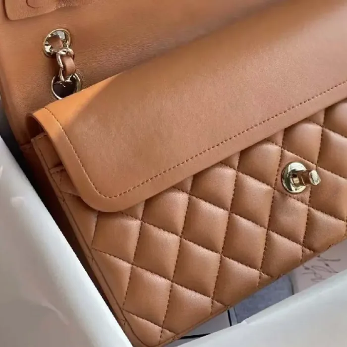 Chanel Women Small Classic Handbag in Lambskin Leather-Dark BeigeBrown