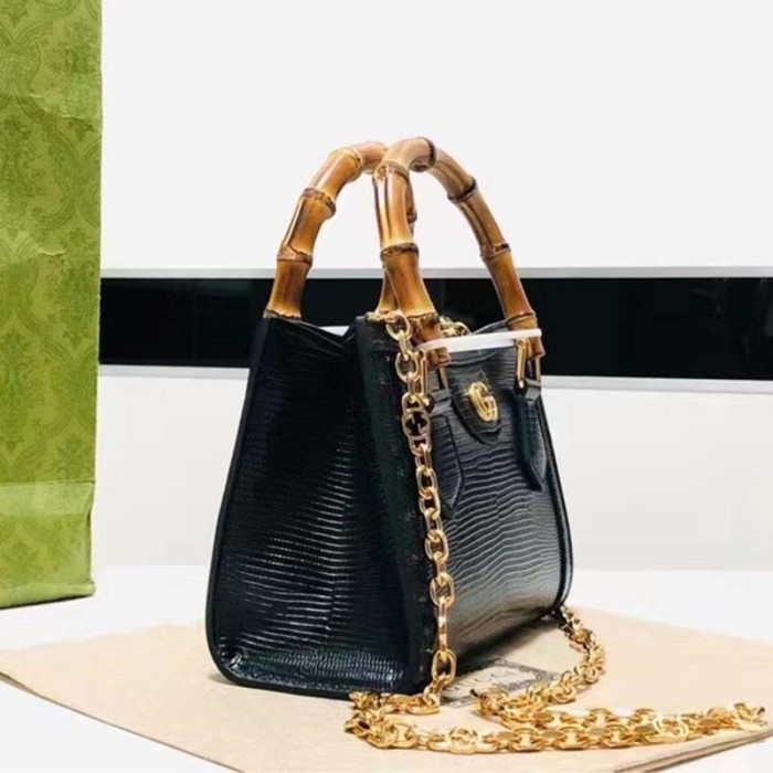 Gucci Women GG Diana Lizard Mini Bag Black Lizard Shiny Antique