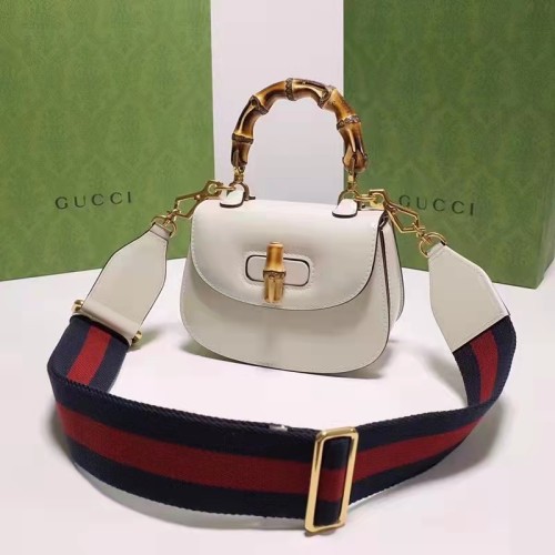 Gucci Women Bamboo 1947 Mini Top Handle Bag White Leather Bamboo Hardware