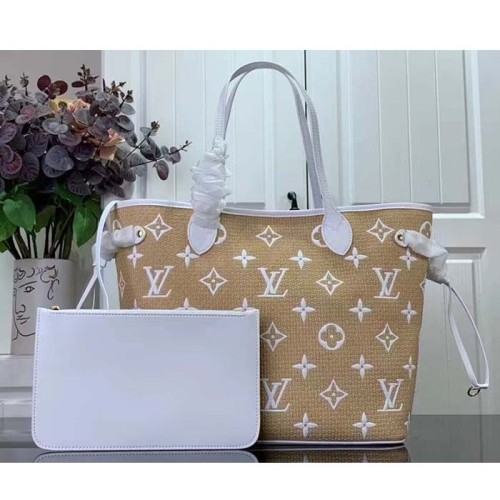 Louis Vuitton LV Unisex Neverfull MM Beige Lotus Cotton Cowhide Leather