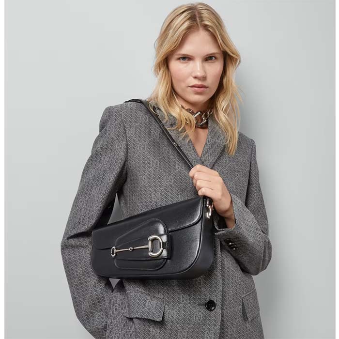 Gucci Women GG Gucci Horsebit 1955 Small Shoulder Bag Black Leather Flap Closure