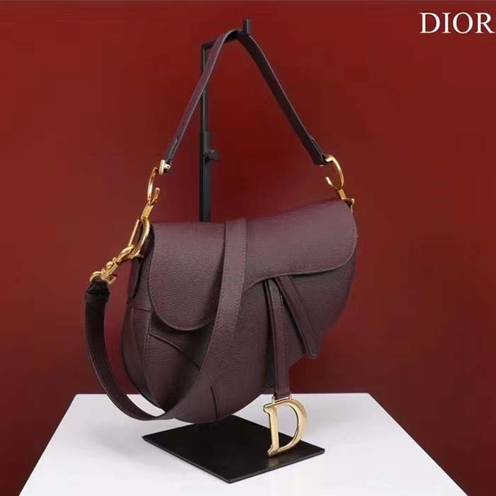 Dior Women CD Saddle Bag Strap Burgundy Grained Calfskin