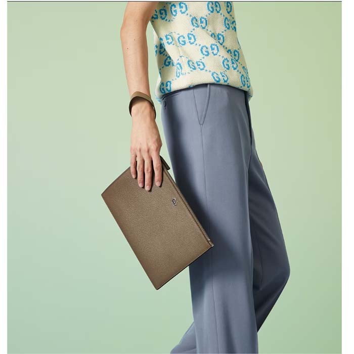 Gucci Unisex GG Marmont Pouch Taupe Leather Six Card Slots One Open Pocket