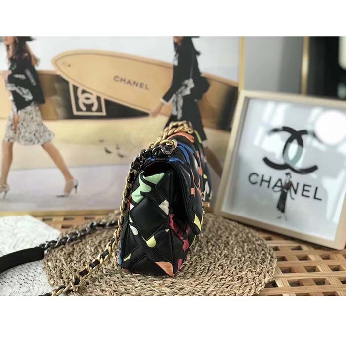 Chanel Women CC 19 Flap Bag Goatskin Gold Silver-Tone Metal Multicolor Black