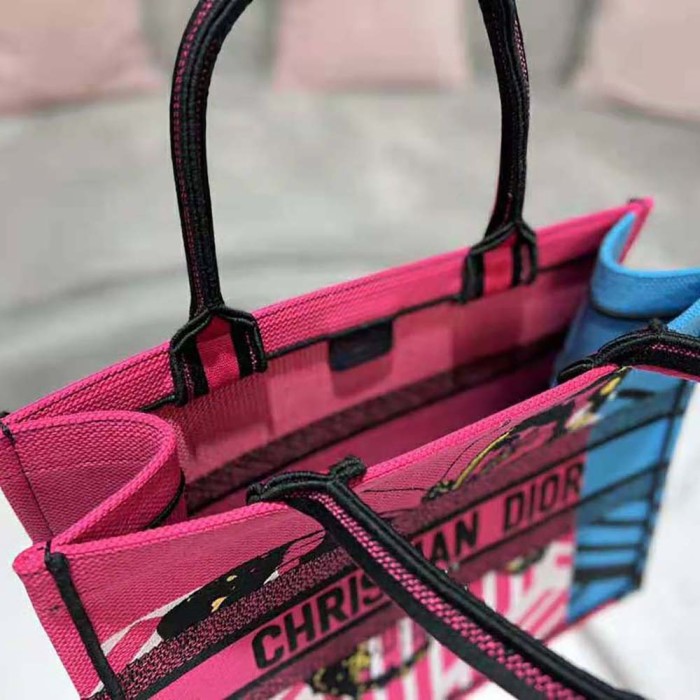 Dior Women Medium Dior Book Tote Bright Blue and Pink D-Jungle Pop Embroidery
