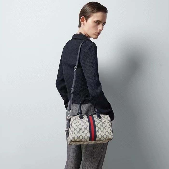 Gucci GG Unisex Ophidia GG Small Top Handle Bag Beige Blue GG Supreme Canvas Leather