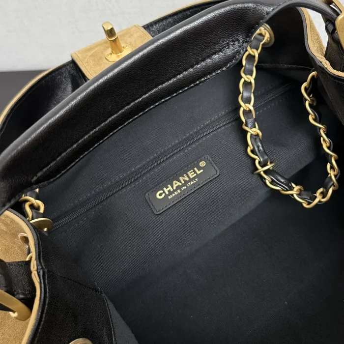 Chanel Women Small Shopping Bag Suede Calfskin Shiny Lambskin Gold Tone Metal