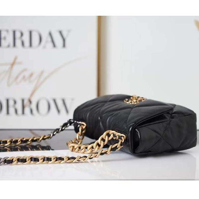Chanel Women 19 Large Handbag Black Lambskin Gold Silver-Tone Ruthenium-Finish Metal