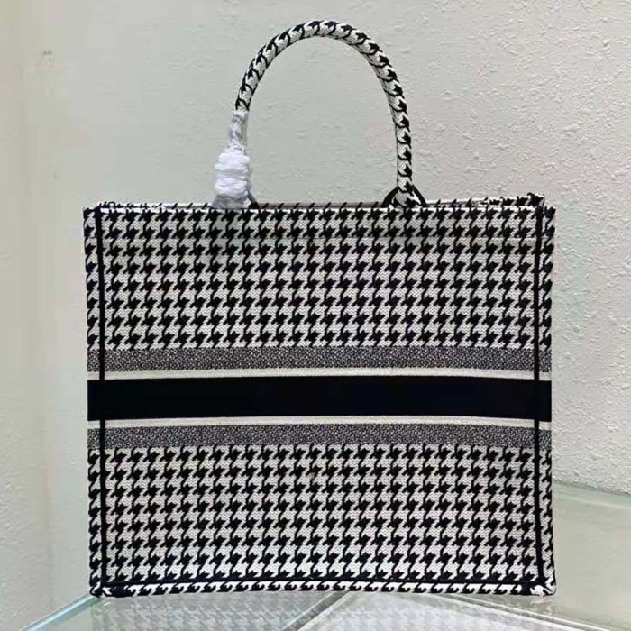 Dior Women Book Tote Black and White Houndstooth Embroidery