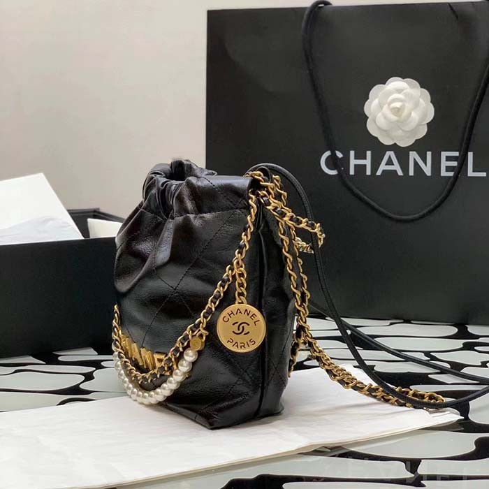 Chanel Women CC 22 Mini Handbag Shiny Crumpled Calfskin Gold-Tone Metal Black