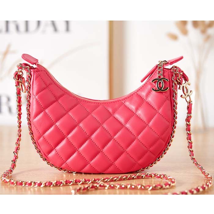 Chanel Women CC Small Hobo Bag Lambskin Shiny Light Gold Metal Pink