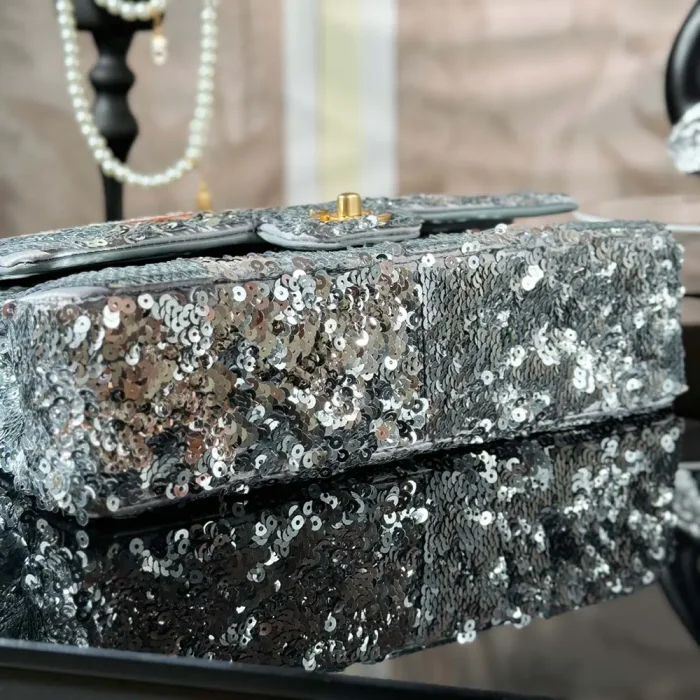 Chanel Women Classic 11.12 Handbag Embroidered Satin Sequins Glass Pearls Silver Tone Metal