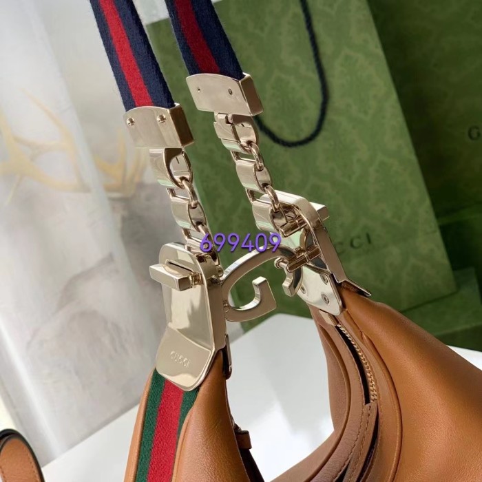 Gucci Women Attache Small Shoulder Bag Oatmeal Leather Orange Black Web