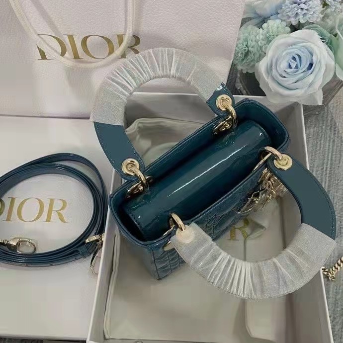 Dior Women Mini Lady Dior Bag Bright Blue Patent Cannage Calfskin