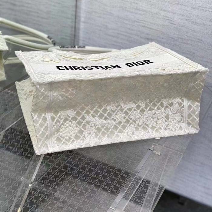 Dior Women CD Medium Book Tote White Multicolor D-Lace Embroidery Macramé Effect