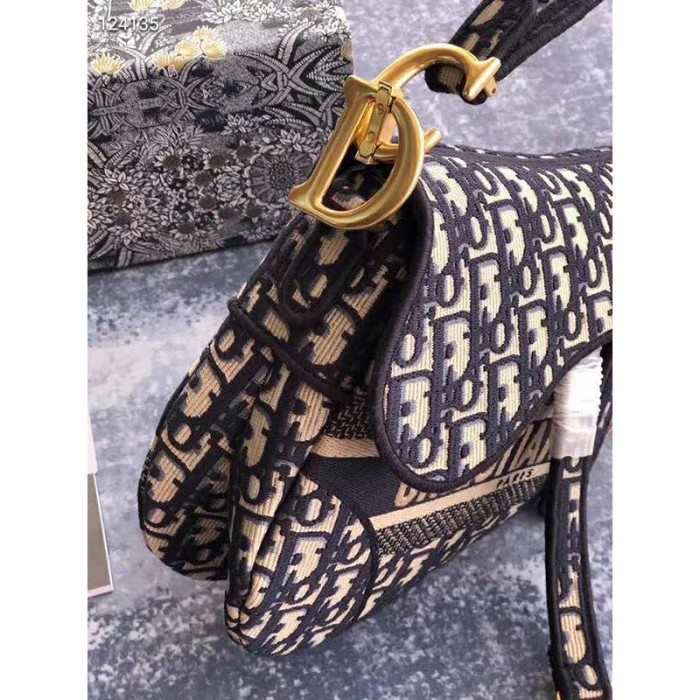 Dior Women Saddle Bag Blue Dior Oblique Embroidery 'CD' Structure