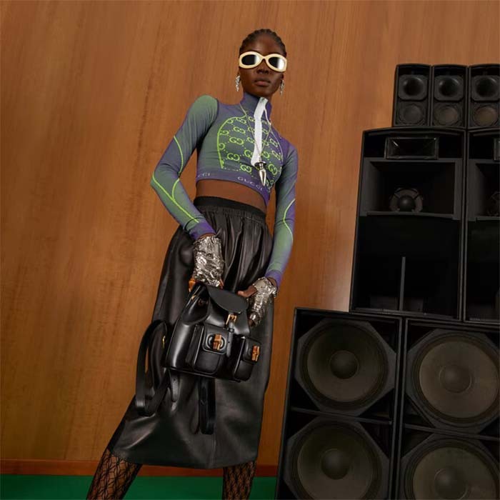 Gucci Unisex GG Bamboo Small Backpack Black Leather Bamboo Handle