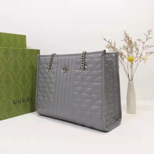 Gucci Unisex GG Marmont Medium Tote Bag Grey Matelassé Leather Double G