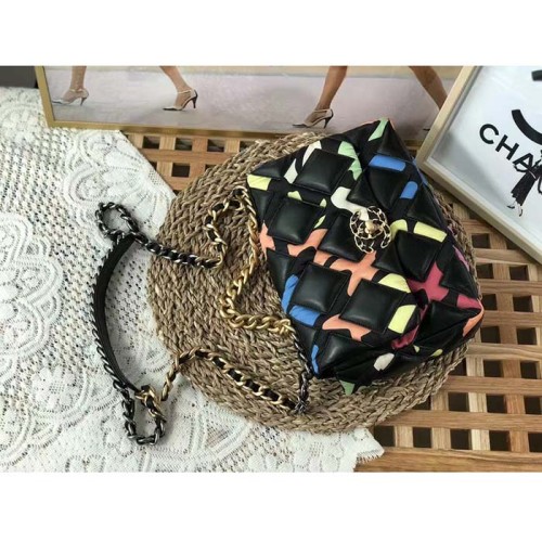 Chanel Women CC 19 Flap Bag Goatskin Gold Silver-Tone Metal Multicolor Black