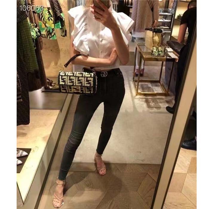 Fendi Women FF Baguette Black Raffia Back Crocheted FF