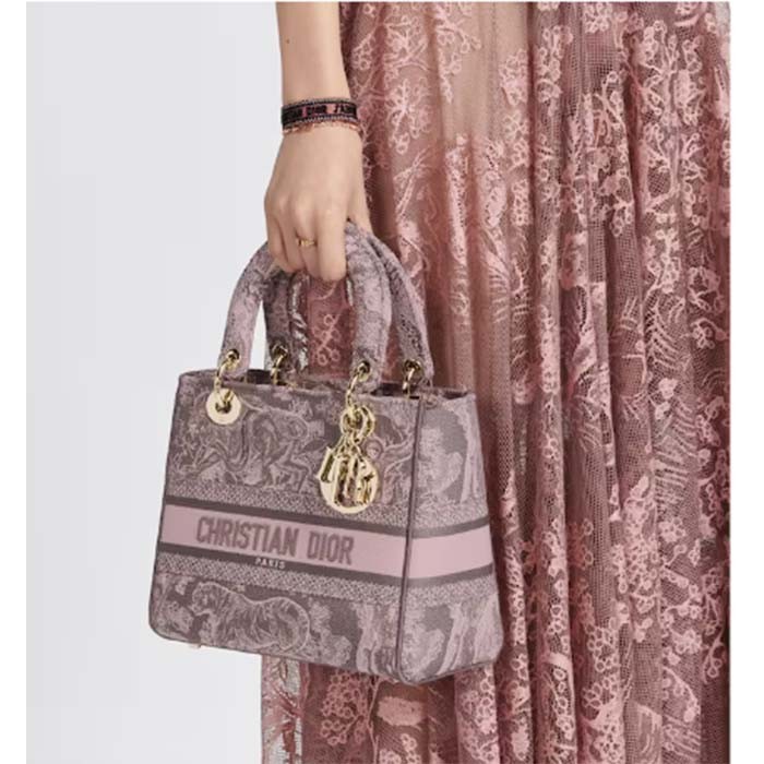 Dior Women CD Medium Lady D-Lite Bag Gray Pink Toile De Jouy Reverse Embroidery