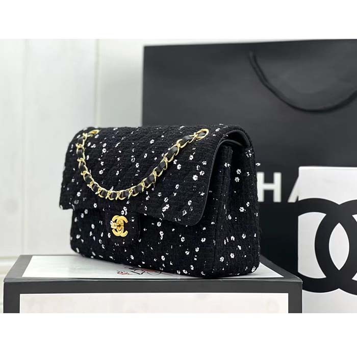 Chanel Women CC Flap Bag Strass Sequins Gold-Tone Metal Black White