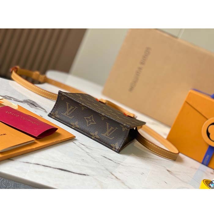 Louis Vuitton LV Unisex Petit Sac Plat Bag Monogram Coated Canvas Aged Natural Cowhide Leather