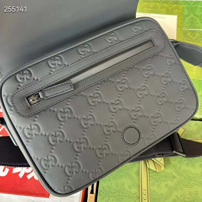 Gucci Unisex GG Crossbody Bag Black Rubber-Effect Leather Flap Zip Closure