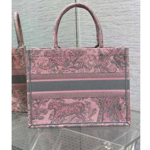 Dior Women CD Medium Book Tote Pink Gray Toile De Jouy Sauvage Embroidery