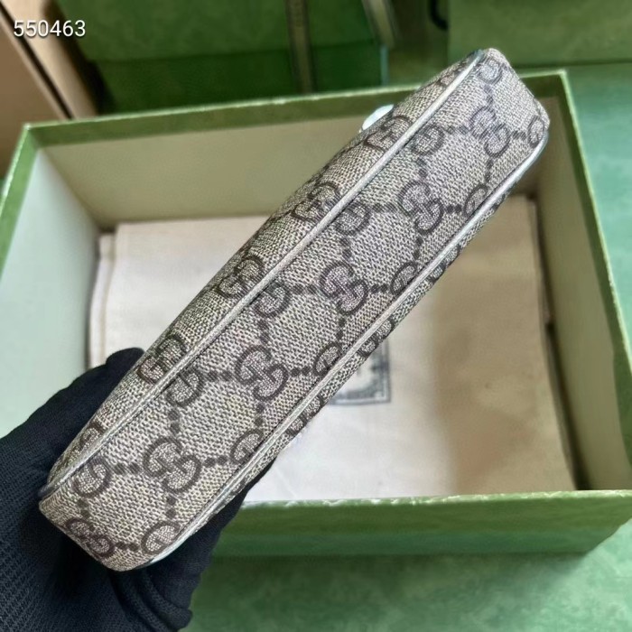 Gucci Women Ophidia Mini Bag Beige Ebony GG Supreme Canvas Metallic Silver Leather Double G