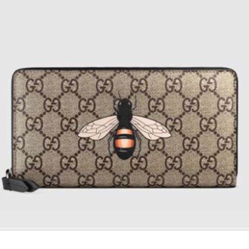 Gucci GG Men Bee Print GG Supreme Zip Around Wallet in Beige/Ebony GG Supreme