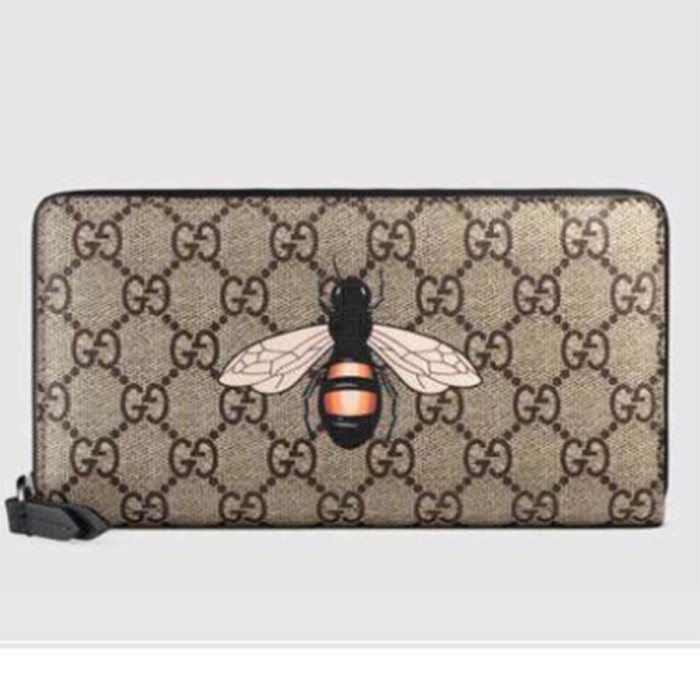 Gucci GG Men Bee Print GG Supreme Zip Around Wallet in Beige/Ebony GG Supreme