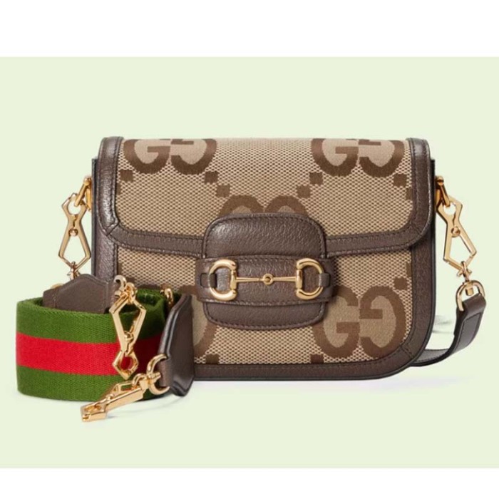 Gucci Unisex Horsebit 1955 Jumbo GG Mini Bag Camel Ebony Canvas
