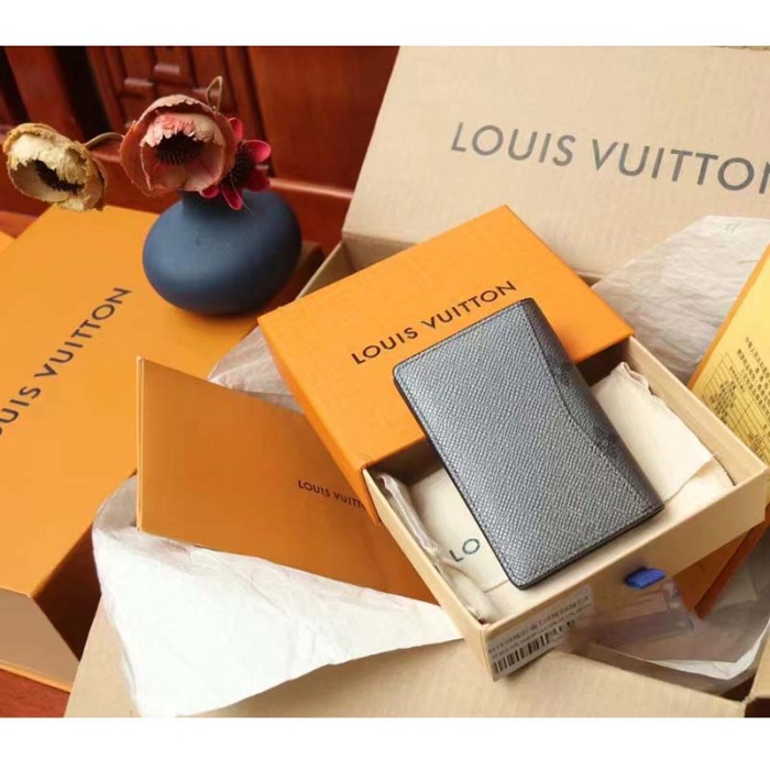 Louis Vuitton LV Unisex Pocket Organizer Gunmetal Gray Monogram Coated Canvas Taiga Cowhide