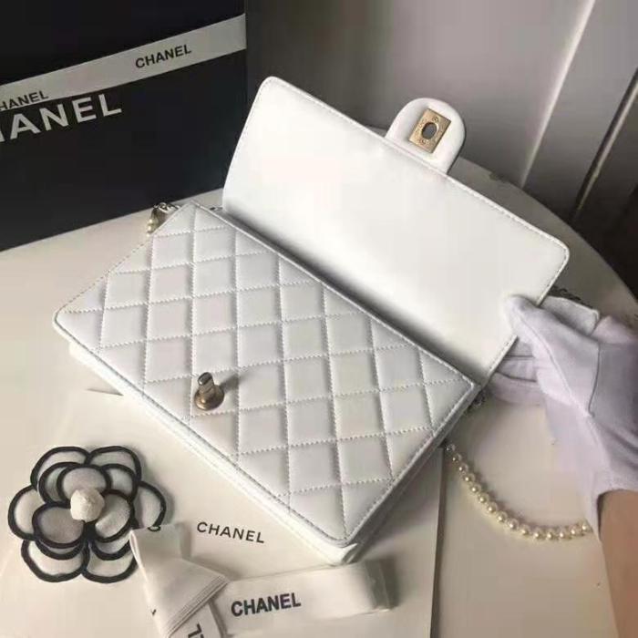 Chanel Women Flap Bag White Ringer Pearl in Goatskin Leather
