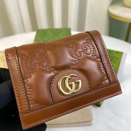 Gucci Unisex GG Marmont Card Case Wallet Light Brown GG Matelassé Leather Double G