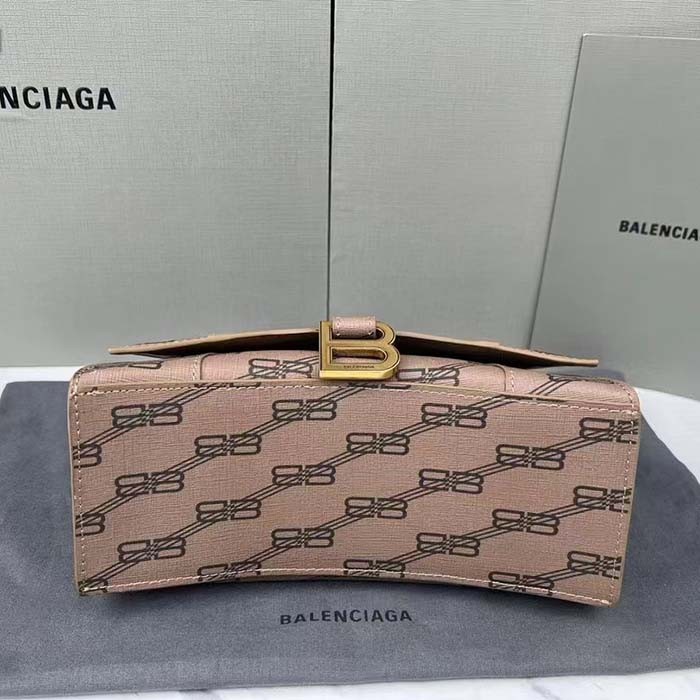 Balenciaga Women Hourglass Small Handbag Beige Brown BB Monogram Coated Canvas