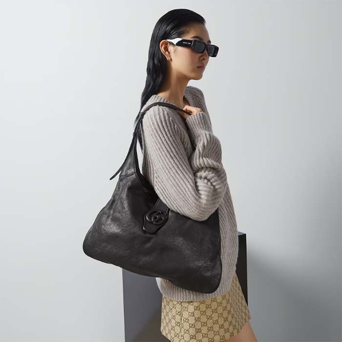 Gucci Women GG Aphrodite Large Shoulder Bag Black Soft Leather Moiré Lining