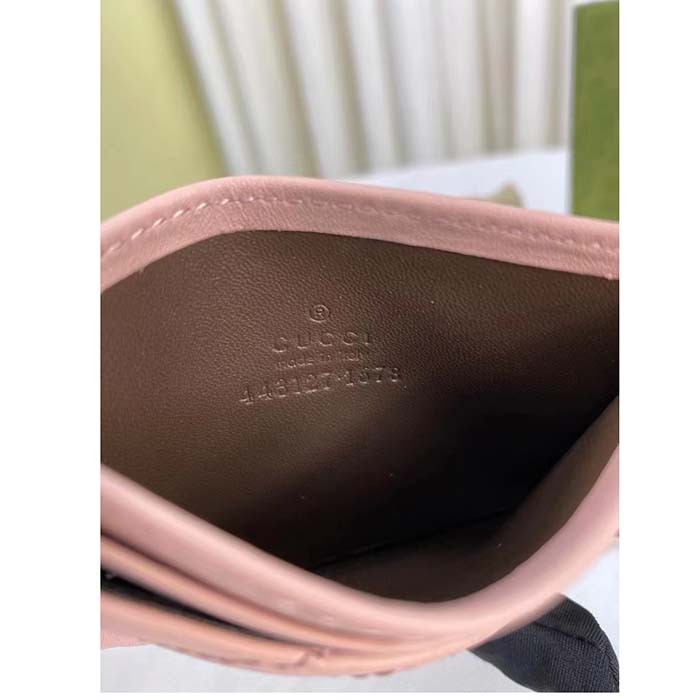 Gucci Unisex GG Marmont Matelassé Card Case Rose Beige Chevron Leather Double G