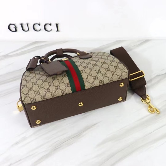 Gucci GG Unisex Savoy Medium Bowling Bag Beige Ebony GG Supreme Canvas Double G