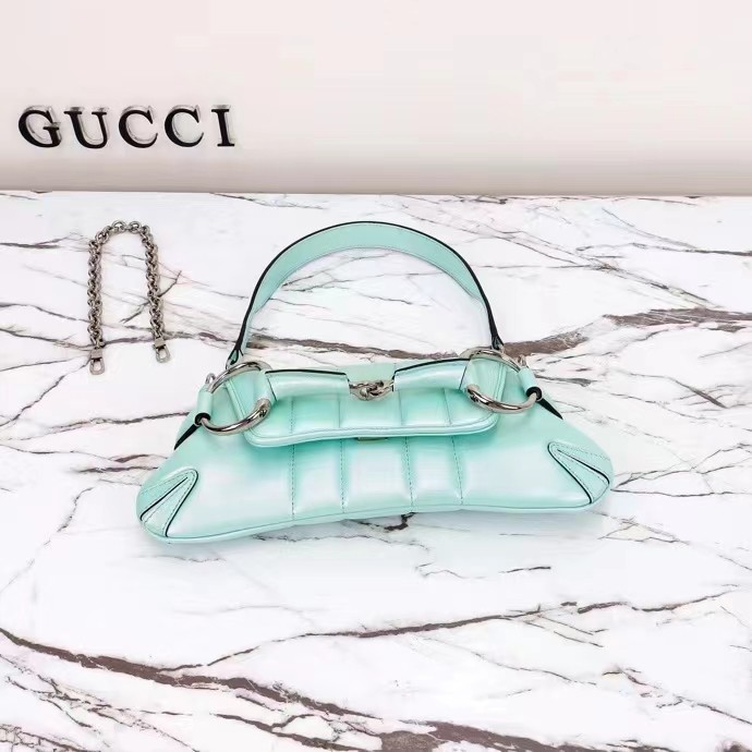 Gucci Women GG Horsebit Chain Small Shoulder Bag Light Blue Quilted Leather Maxi Horsebit Style ‎764339 AACU1 4811