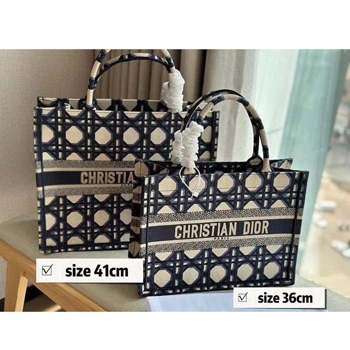 Dior Unisex CD Medium Dior Book Tote Beige Blue Macrocannage Embroidery