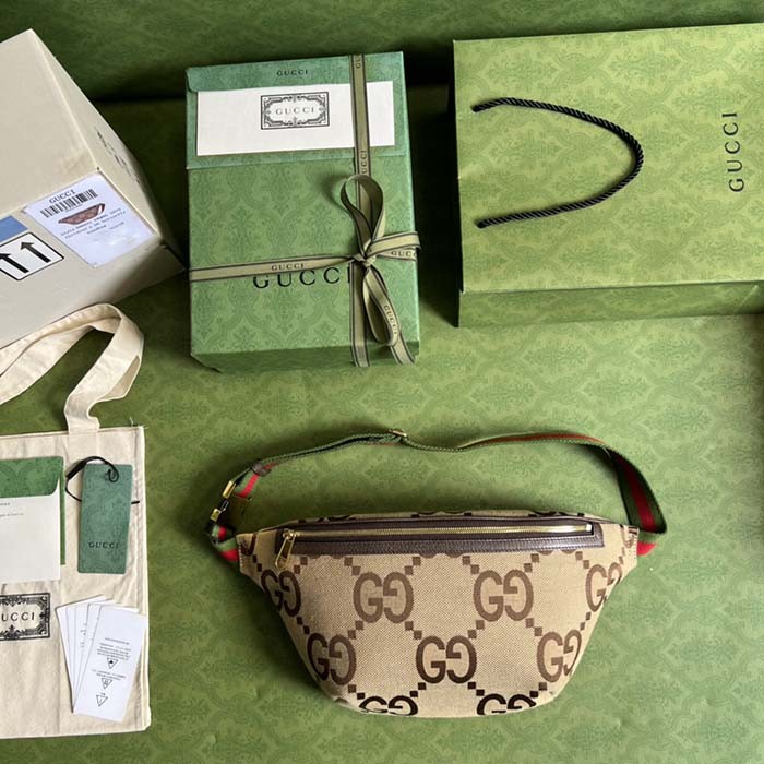 Gucci Unisex GG Jumbo GG Belt Bag Camel Ebony Canvas Zip Closure