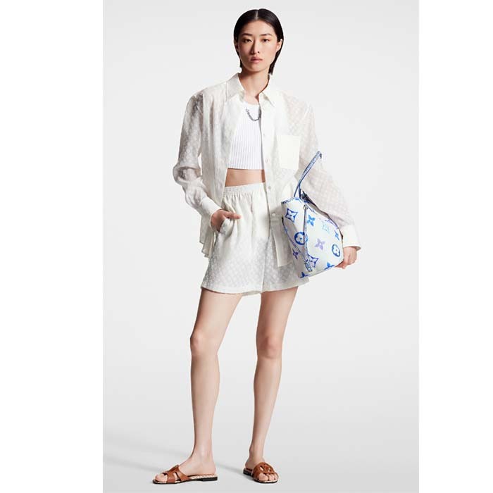 Louis Vuitton LV Unisex Neverfull MM Blue Monogram Coated Canvas Textile Lining