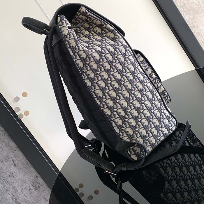 Dior Unisex CD Saddle Backpack Beige Black Dior Oblique Jacquard Black Grained Calfskin