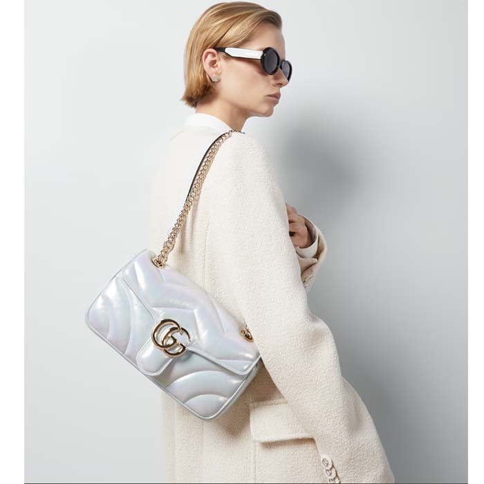 Gucci Women GG Marmont Small Shoulder Bag Blue Iridescent Quilted Chevron Leather