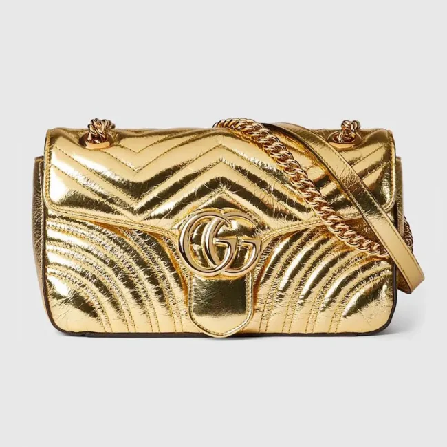Gucci Women GG Marmont Small Shoulder Bag Double G Metallic Gold Leather