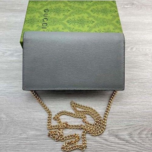 Gucci Women GG Chain Wallet Gucci Script Pale Green Leather Taffeta