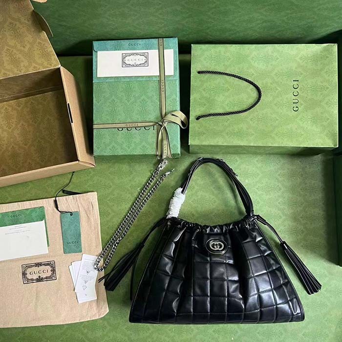 Gucci Women GG Deco Medium Tote Bag Black Quilted Leather Interlocking G